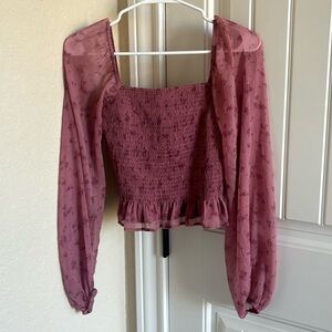 Hollister women’s M, cropped pink square neck top, long puff sleeves